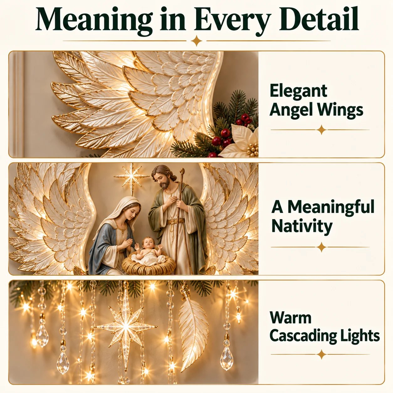 Close-up details of angel wings Nativity and hanging star lights