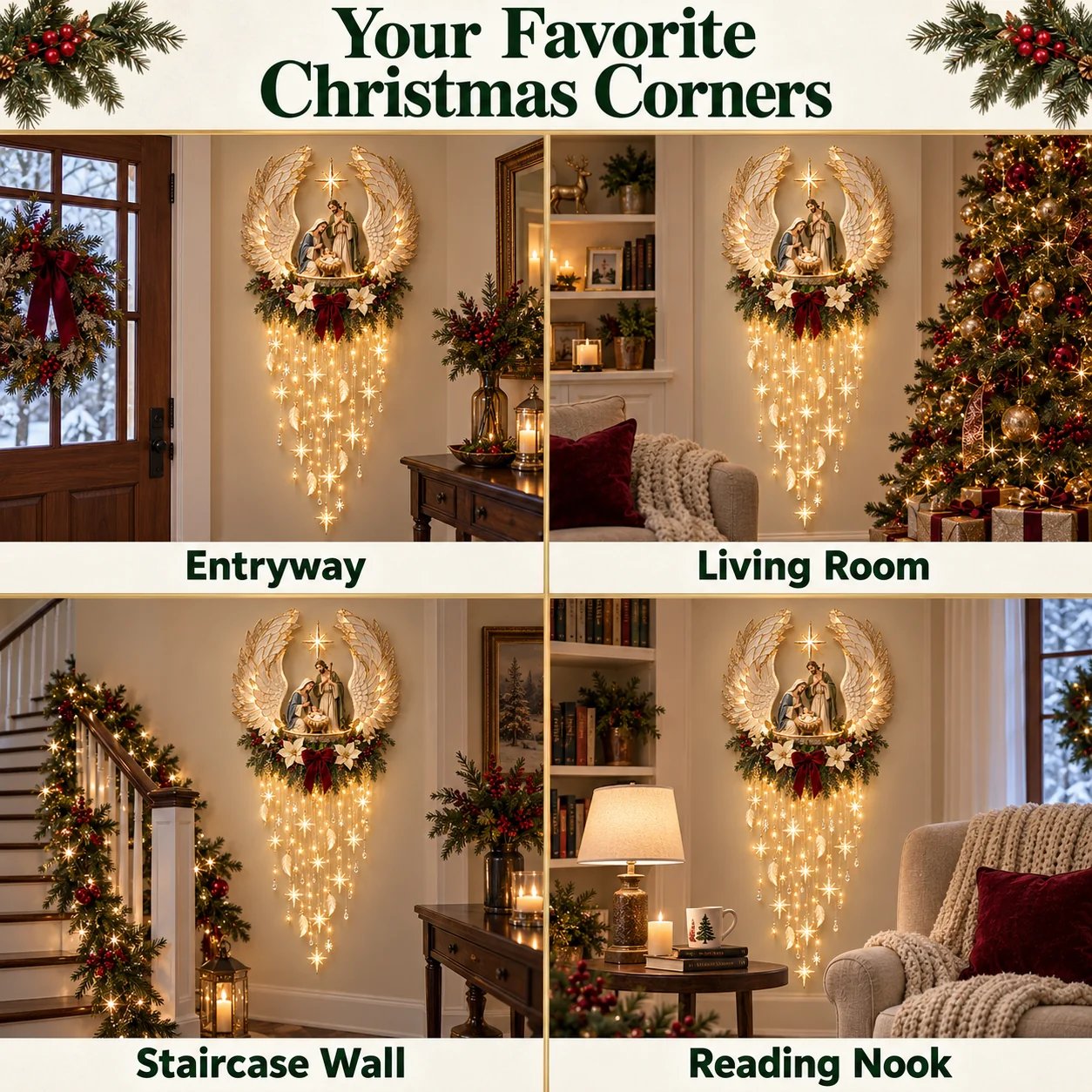 Angel Nativity decoration shown in entryway living room staircase and reading nook