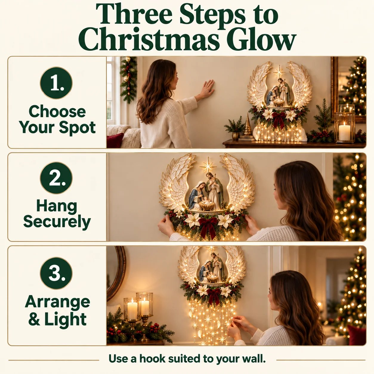 Three setup steps for angel Nativity wall decoration