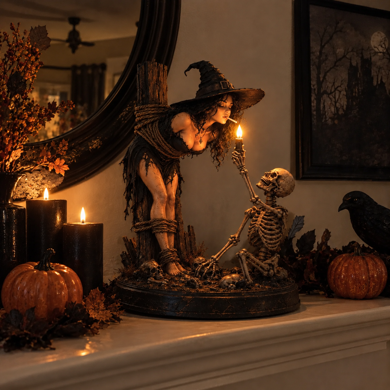 🧙Witch & Skeleton Candle Scene Figurine – Dark Gothic Halloween Tabletop Decor