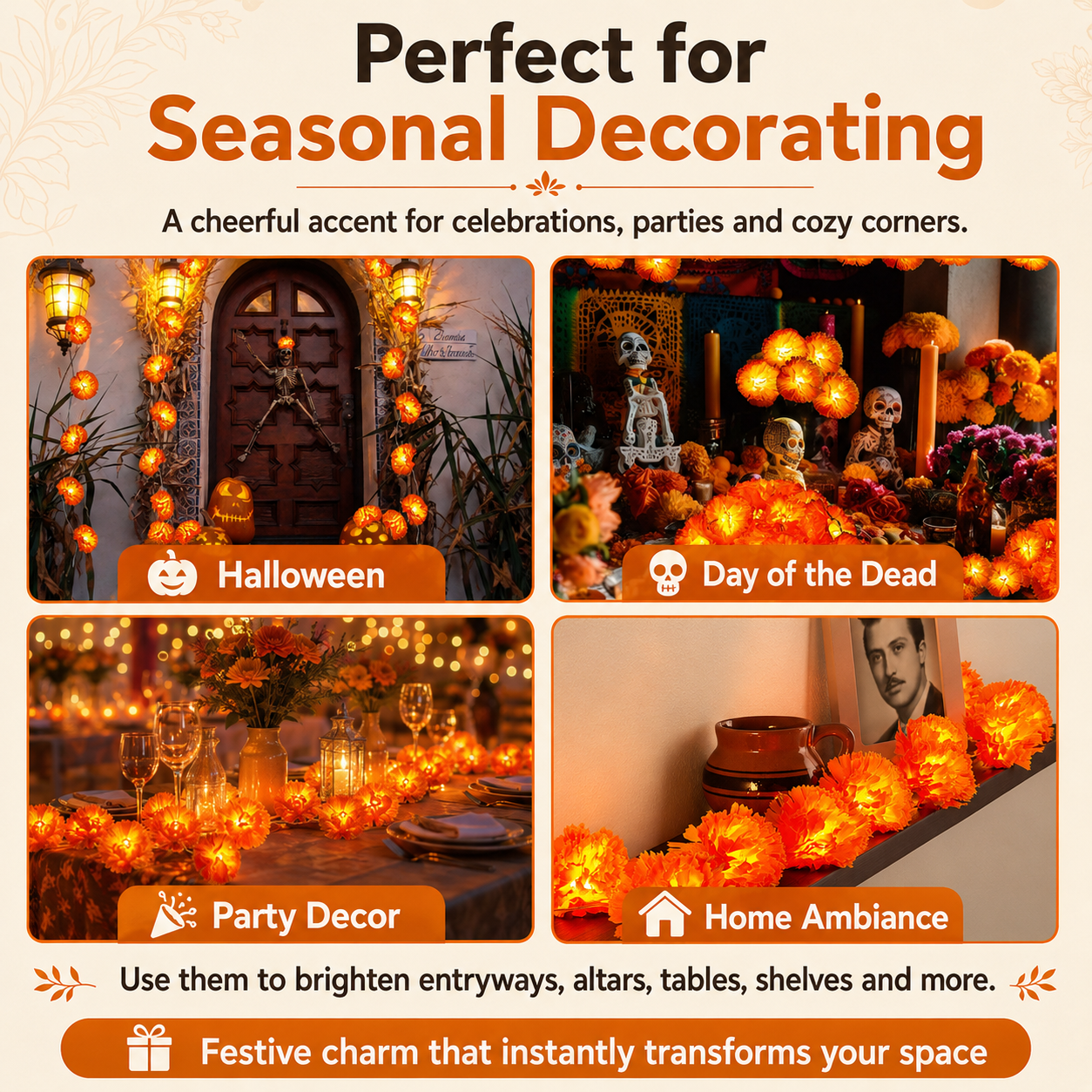 Marigold flower lights for Halloween Day of the Dead party and home decor