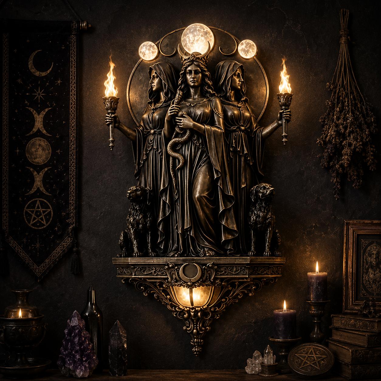 Triple Goddess Hecate LED Wall Sconce – Wiccan Witchy Torch Wall Light