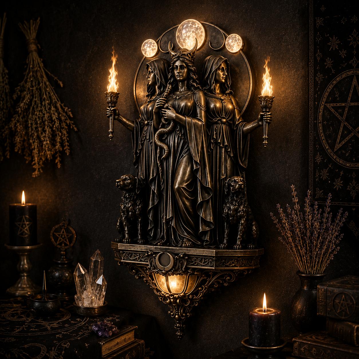 Triple Goddess Hecate LED Wall Sconce – Wiccan Witchy Torch Wall Light