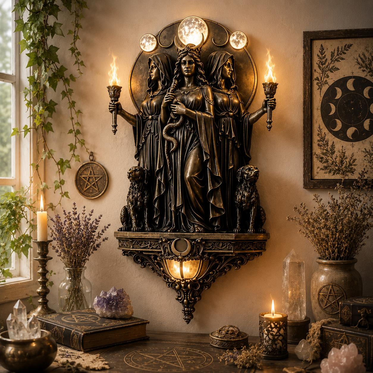 Triple Goddess Hecate LED Wall Sconce – Wiccan Witchy Torch Wall Light