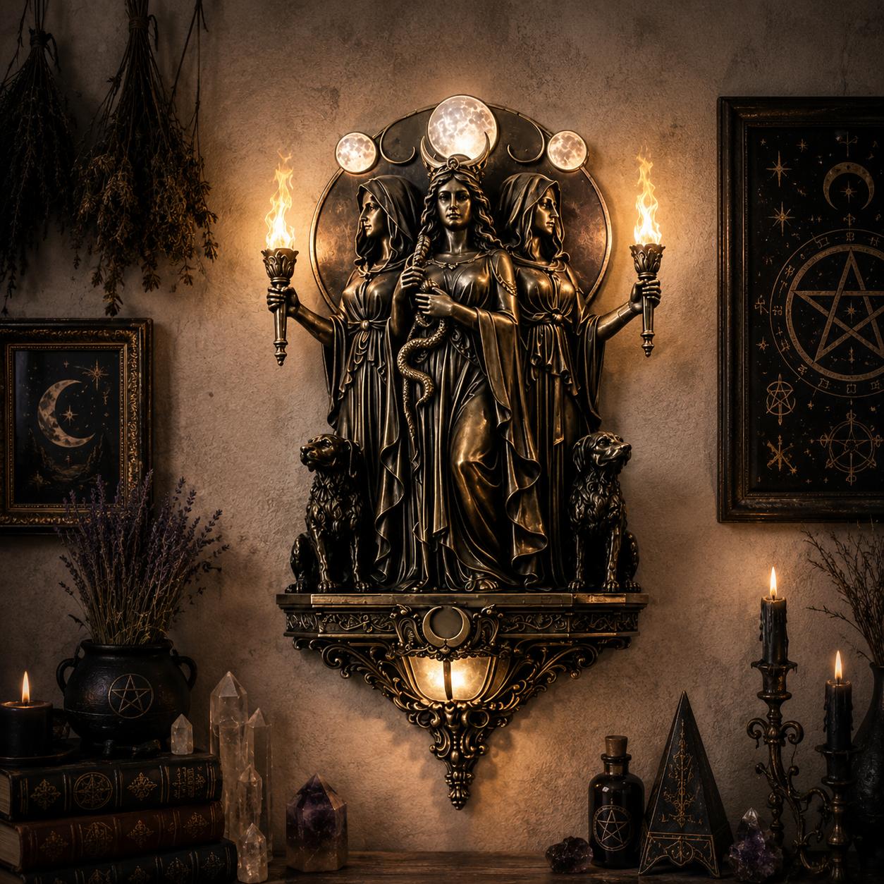 Triple Goddess Hecate LED Wall Sconce – Wiccan Witchy Torch Wall Light