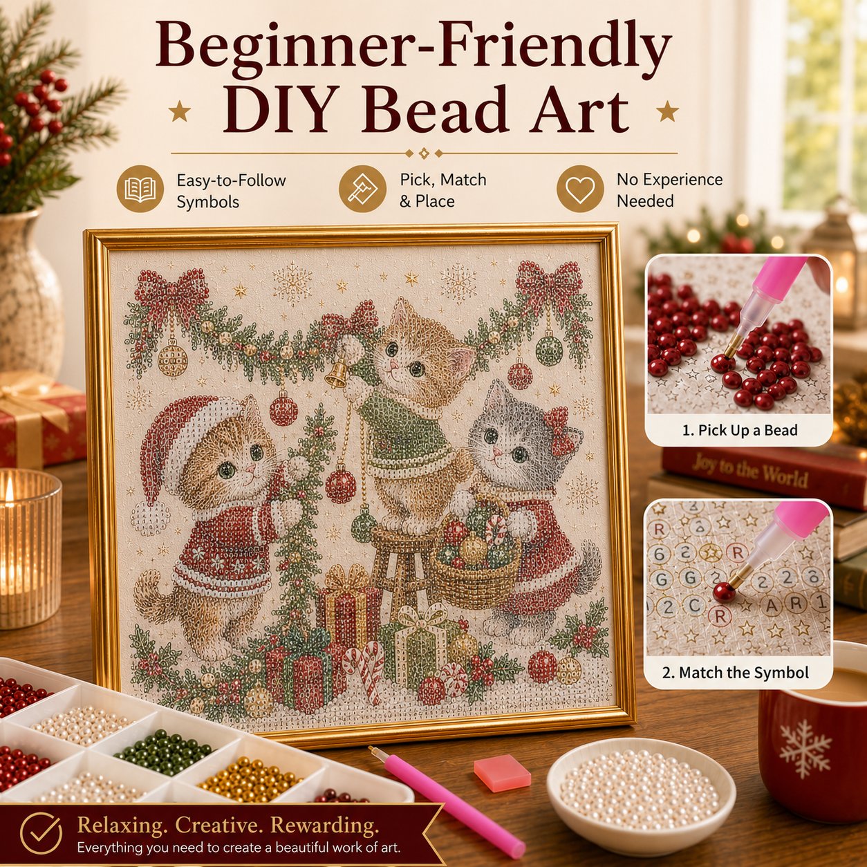 🎄🐾 Premium 3D Pearl Christmas Kitty Art Kit | Luxury Flocked Canvas with Scratch-Resistant Non-Fading Pearl Beads DIY Holiday Decor 🎅🐱❄️