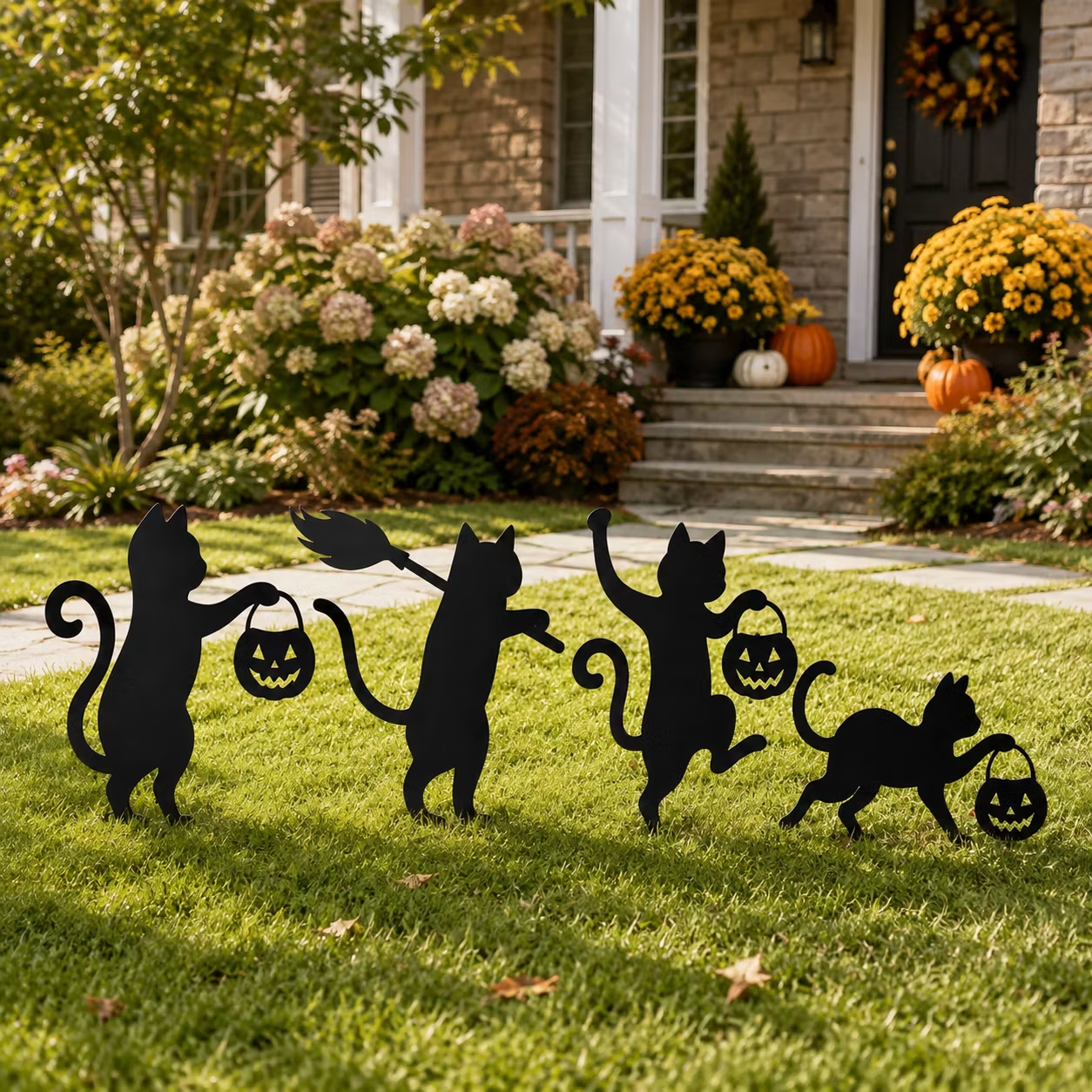 Playful Metal Black Cat Garden Stakes, Set of 4