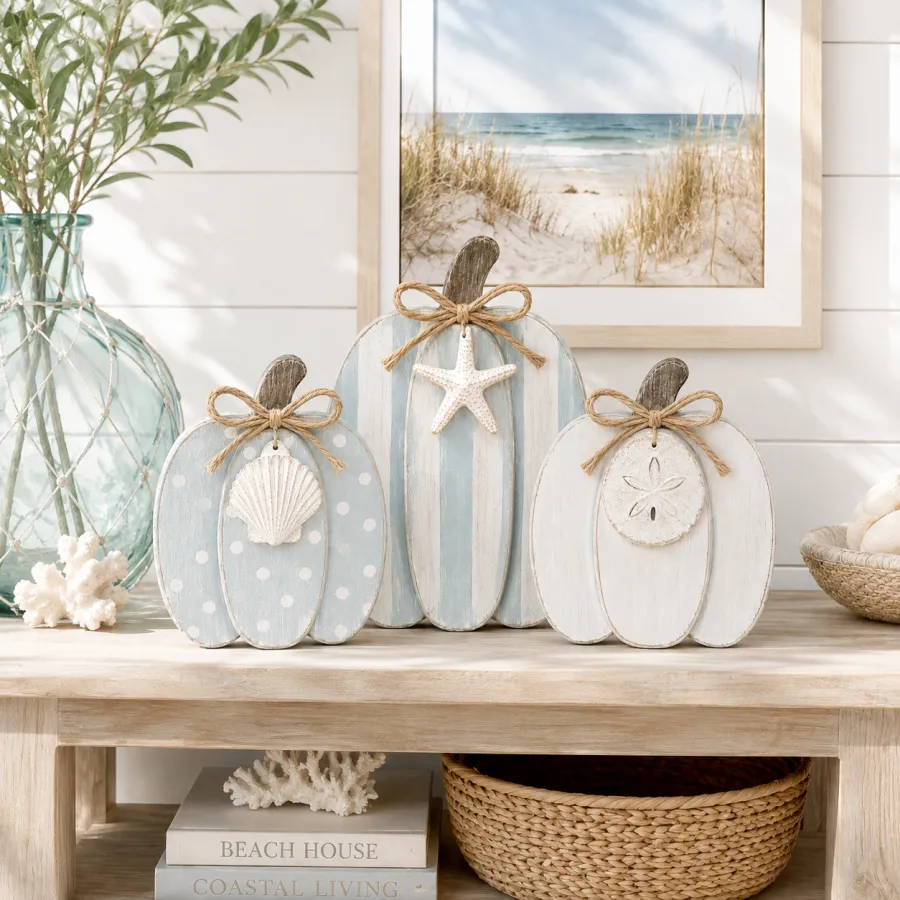 Coastal Wooden Pumpkin Tabletop Décor, Set of 3
