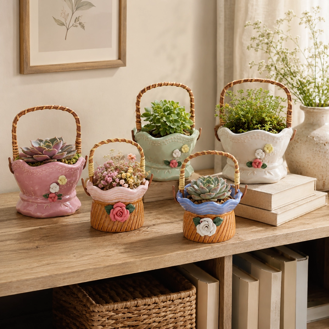 Ceramic Flower Basket Planter – Decorative Handcrafted Indoor & Outdoor Pots