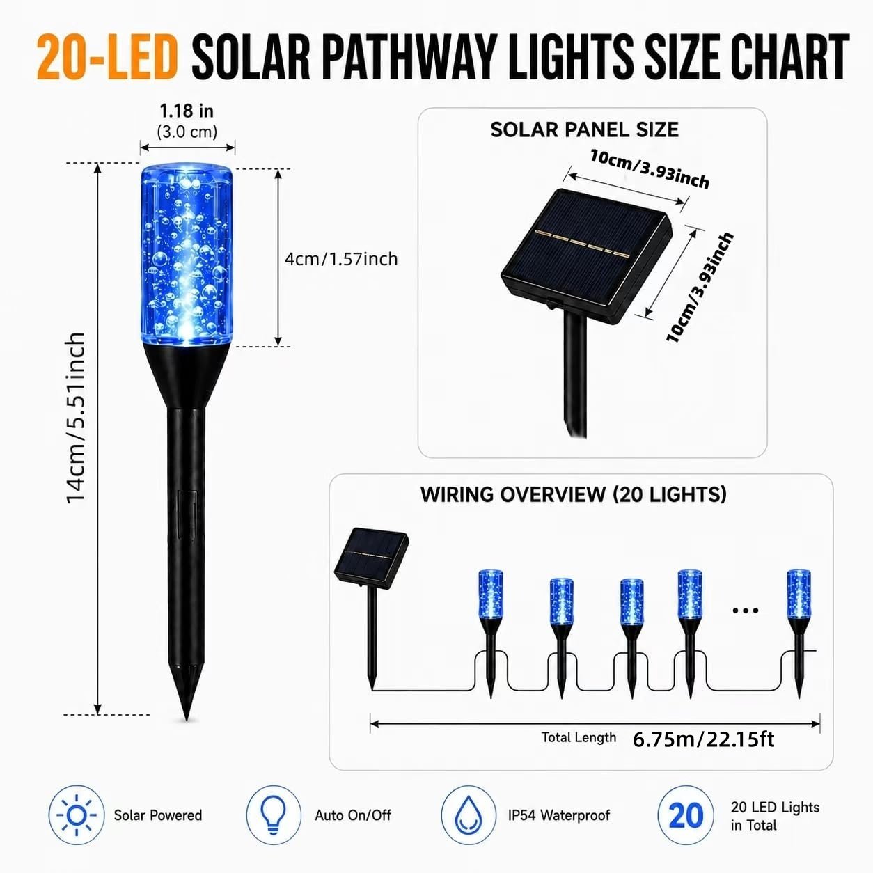 Dimensions of solar bubble pathway lights and solar panel