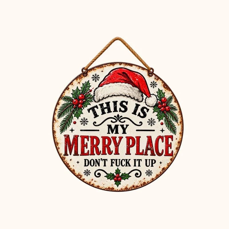 🔥HOT SALE 49% OFF🎄🏡 This Is My Merry Place — Vintage Christmas Hanging Sign with Santa Hat & Holly 