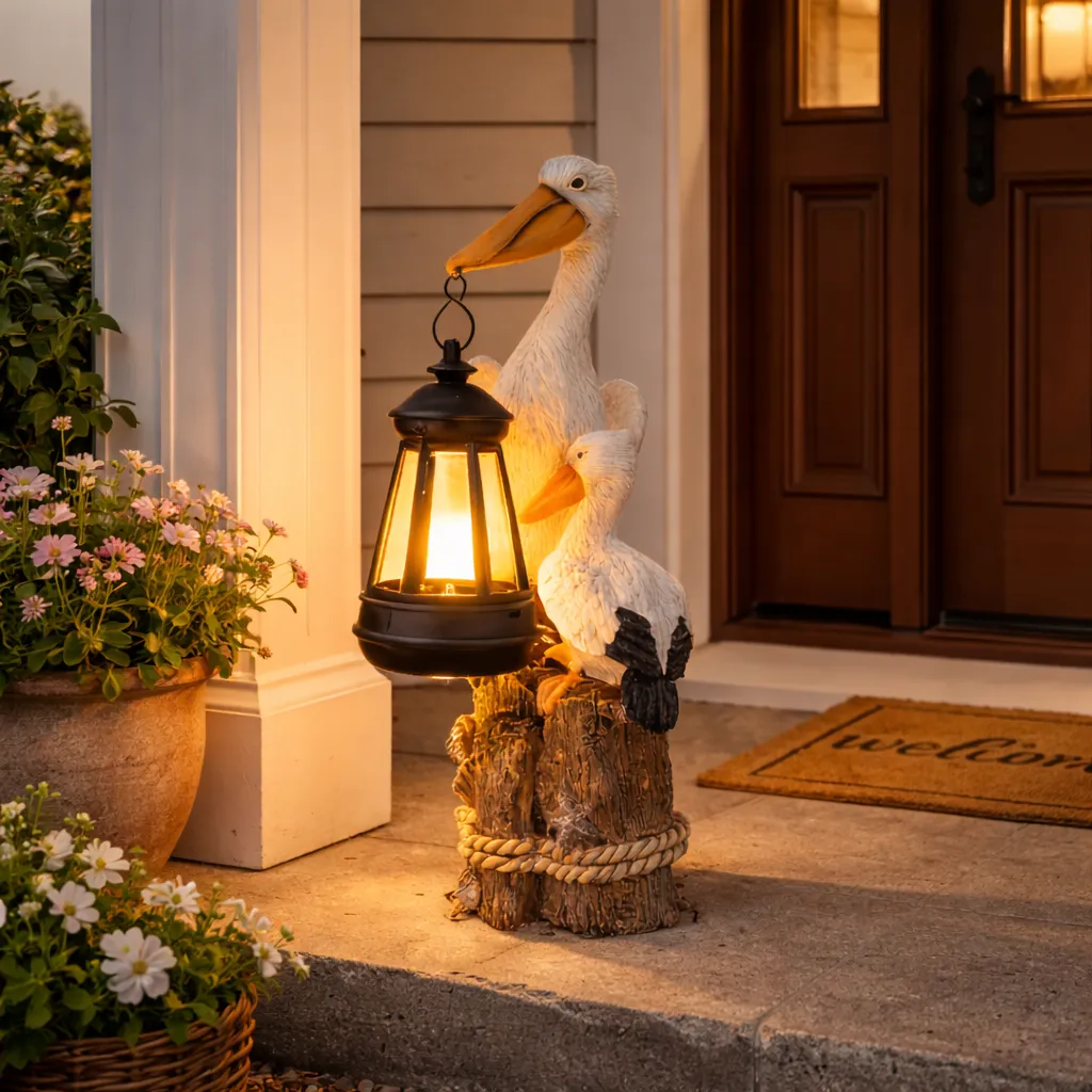 Whimsical Solar Pelican Mother & Baby Garden Lantern StatueThe sweet detail of the baby pelican leaning closely against the larger pelican gives this piece an especially warm, loving feel. From the textured feather detailing to the hanging lantern, wood-l