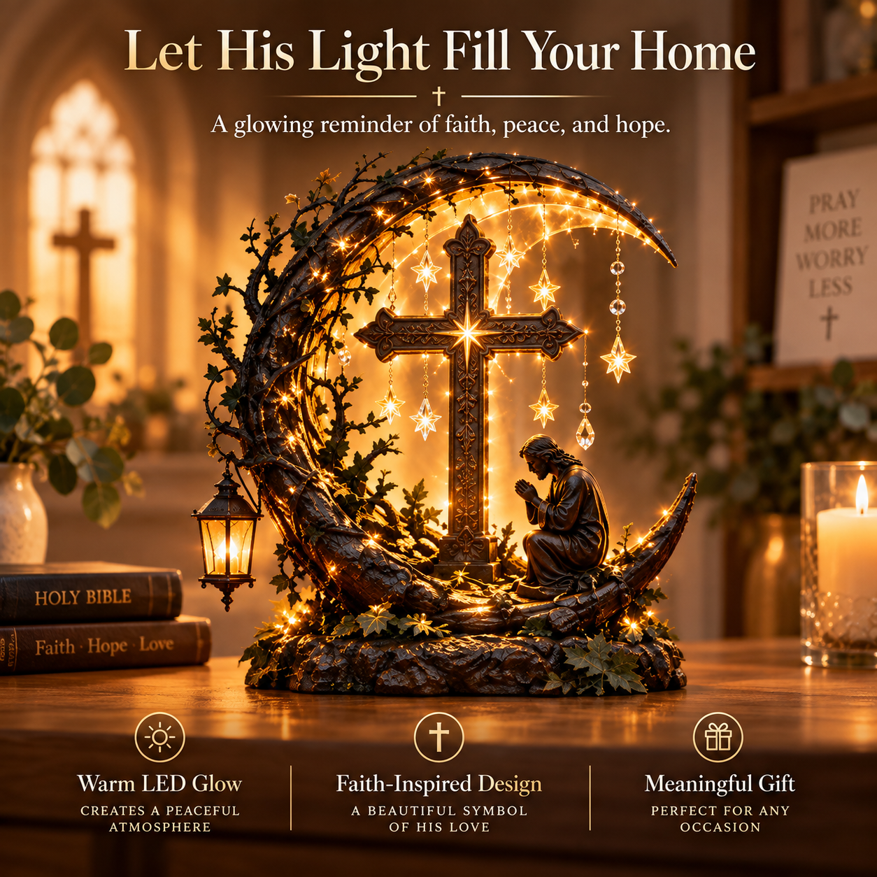 Illuminated Cross Prayer Tabletop Decor