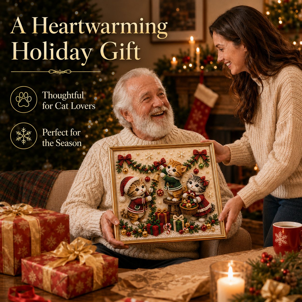 🎄🐾 Premium 3D Pearl Christmas Kitty Art Kit | Luxury Flocked Canvas with Scratch-Resistant Non-Fading Pearl Beads DIY Holiday Decor 🎅🐱❄️