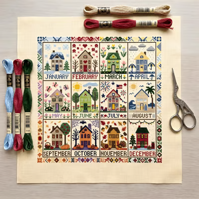 🔥LAST DAY 69% OFF -🏡 12-Month Seasons & Holidays Cross Stitch Kit — Relaxing DIY Craft Project for Beginners & Craft Lovers