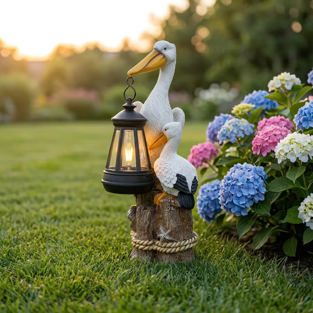 Whimsical Solar Pelican Mother & Baby Garden Lantern StatueThe sweet detail of the baby pelican leaning closely against the larger pelican gives this piece an especially warm, loving feel. From the textured feather detailing to the hanging lantern, wood-l