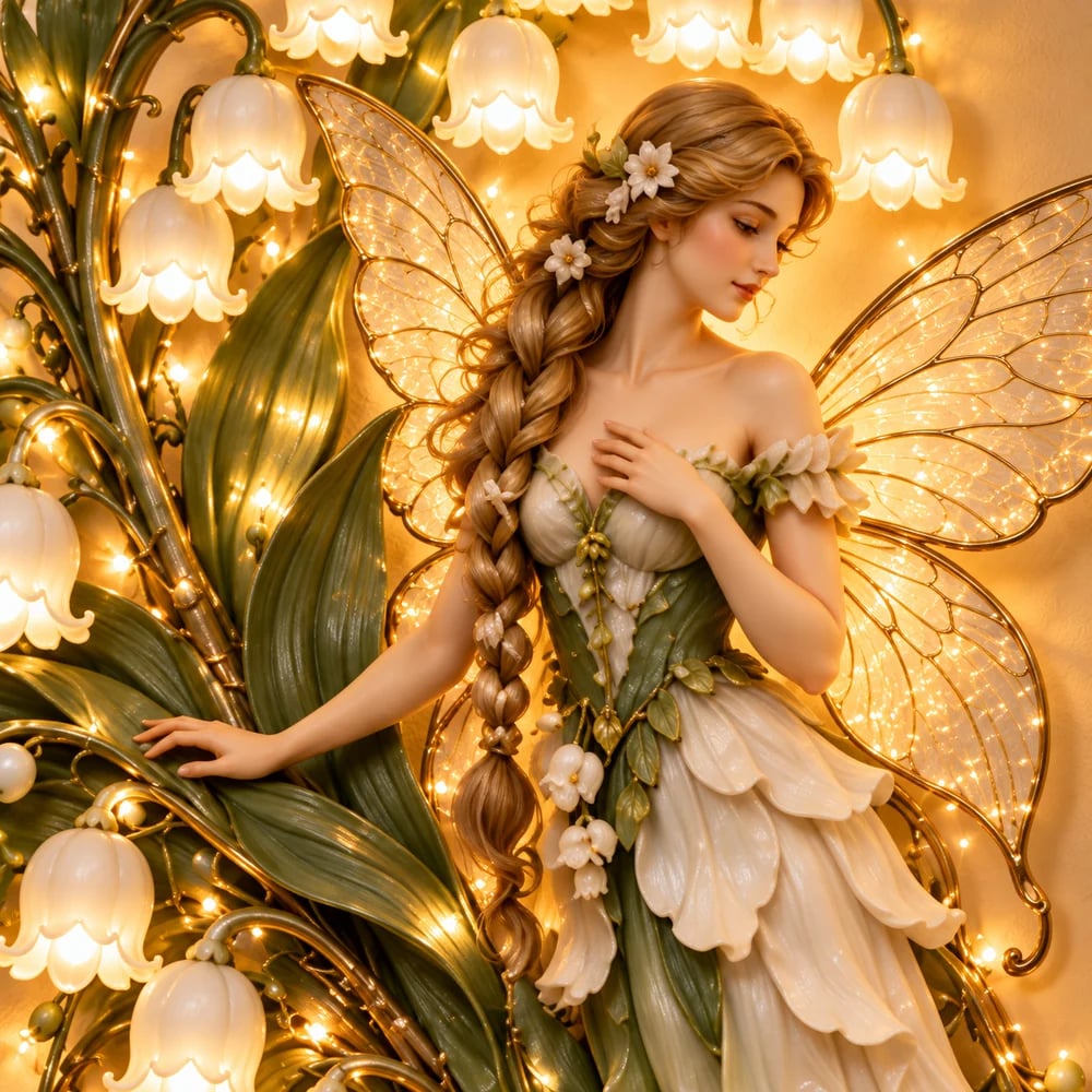 Close-up of a flower fairy with illuminated wings and floral details