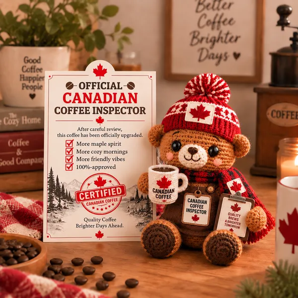  ☕🍁Official Canadian Coffee Inspector Bear– Handmade Crochet Coffee Lover Gift with Certificate 
