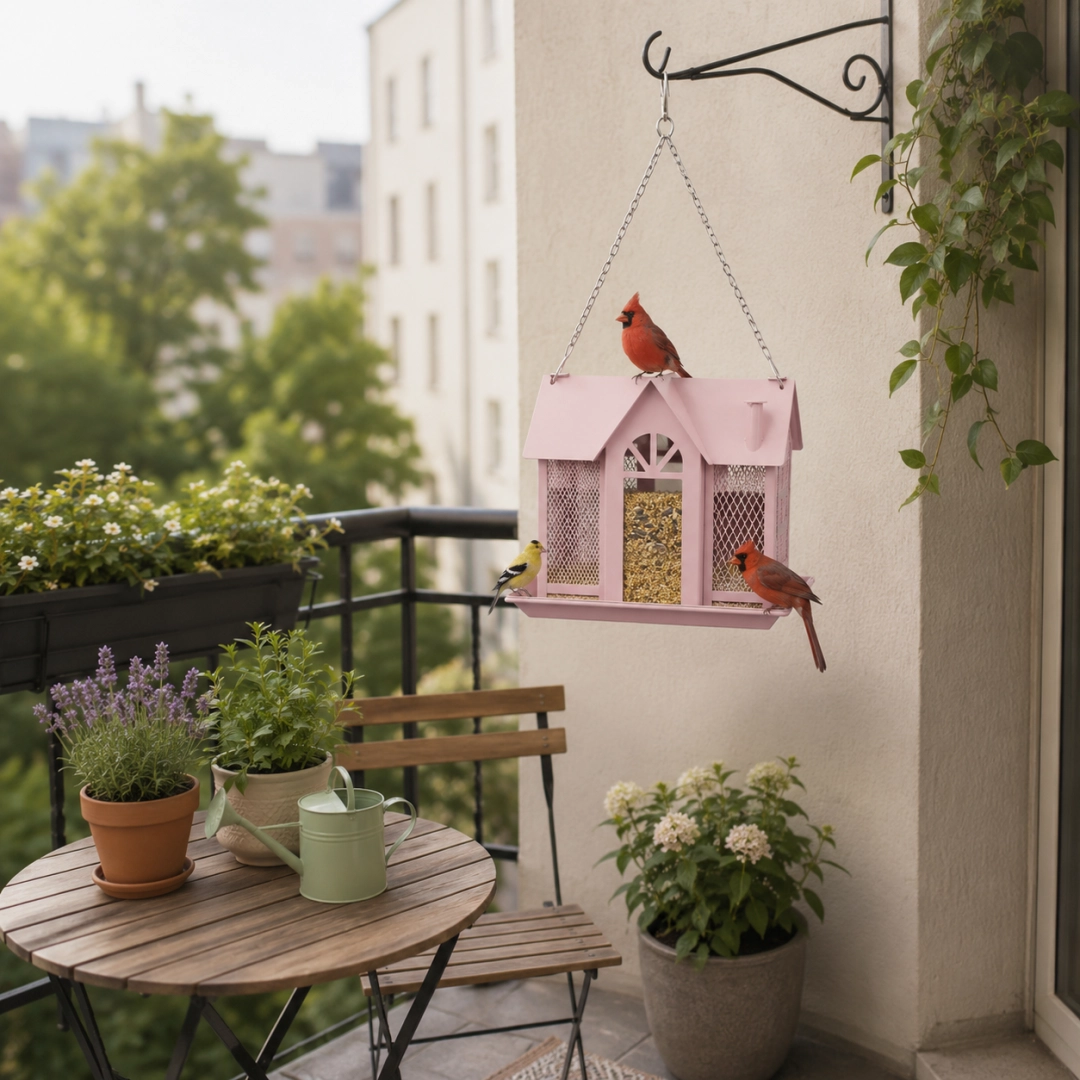 Hanging Metal Bird Feeder – House-Shaped Outdoor Seed Dispenser for Garden, Yard, or Balcony