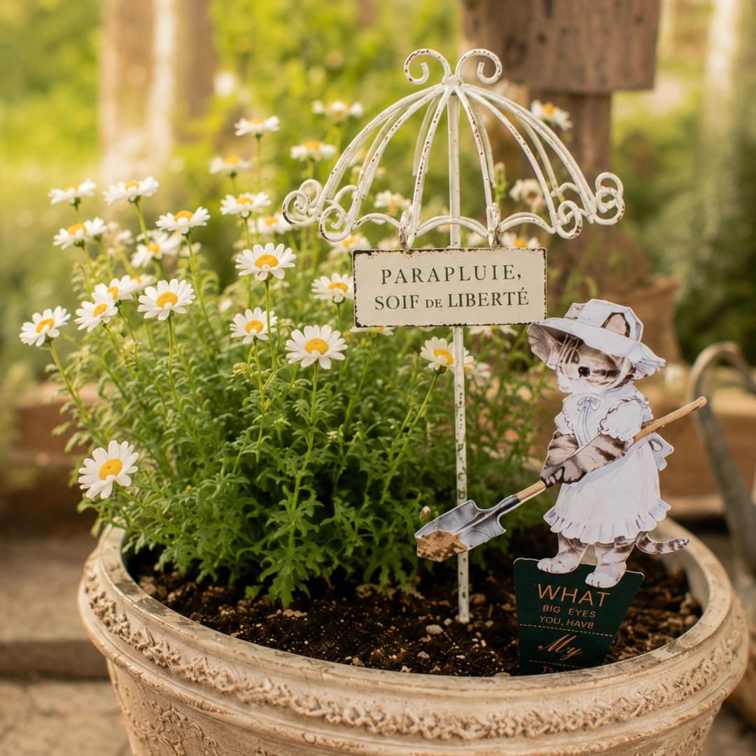 Storybook Garden Stakes – Mini Umbrella with Cat & Bunny Planter Decor