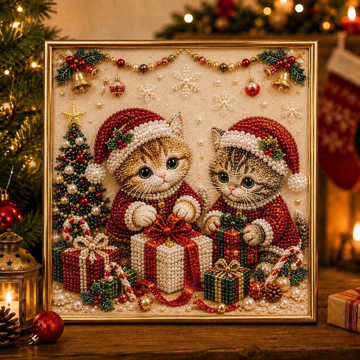🎄🐾 Premium 3D Pearl Christmas Kitty Art Kit | Luxury Flocked Canvas with Scratch-Resistant Non-Fading Pearl Beads DIY Holiday Decor 🎅🐱❄️