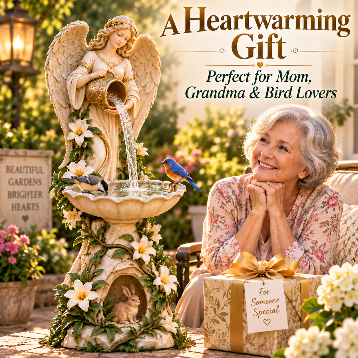 Angel bird waterer shown as a thoughtful gift for a garden lover