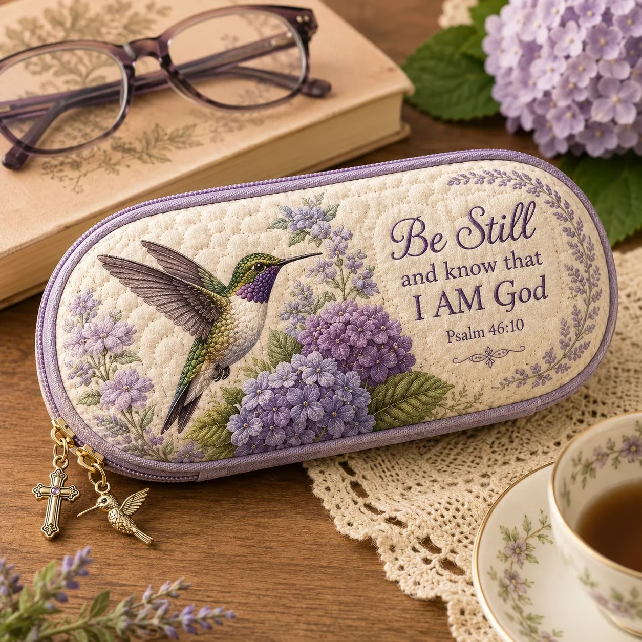 ✝️ Be Still Hummingbird Quilted Glasses Case 💜