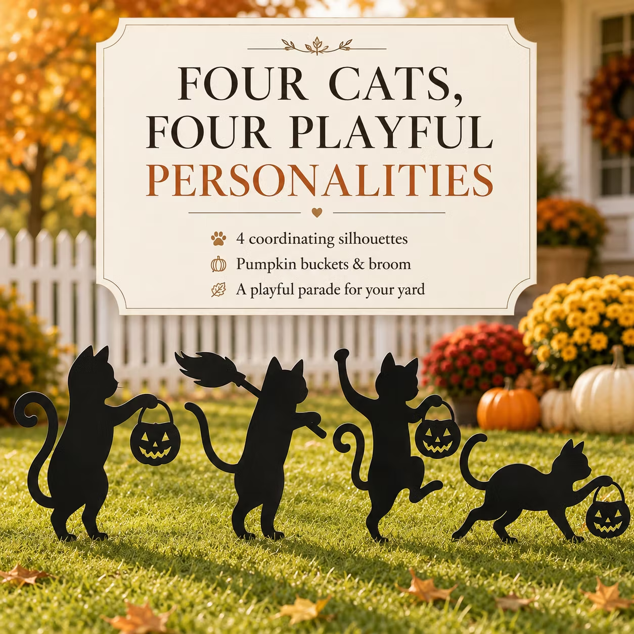 Playful Metal Black Cat Garden Stakes, Set of 4
