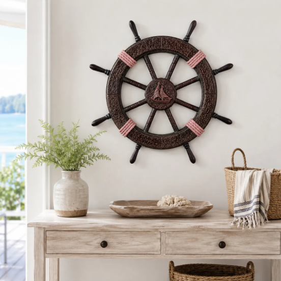 Vintage Wooden Ship's Wheel and Anchor Wall Art