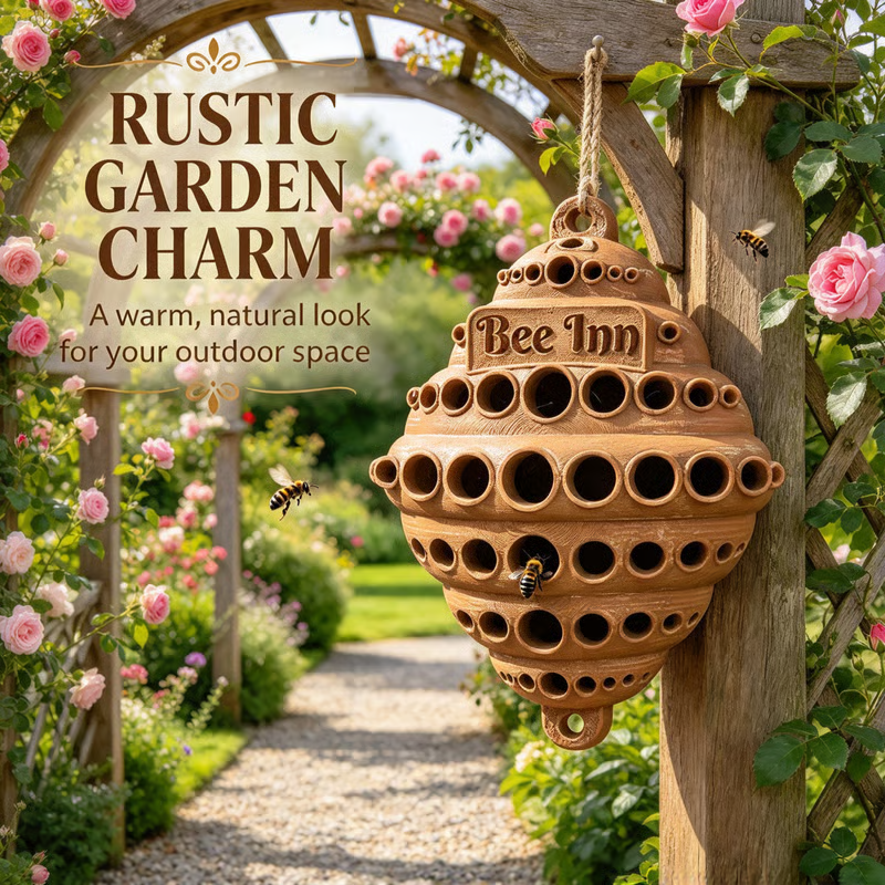 🐝 Bee Inn Hanging Bee Hotel  Rustic Solitary Bee House Pollinator Nesting Shelter for Garden Decor