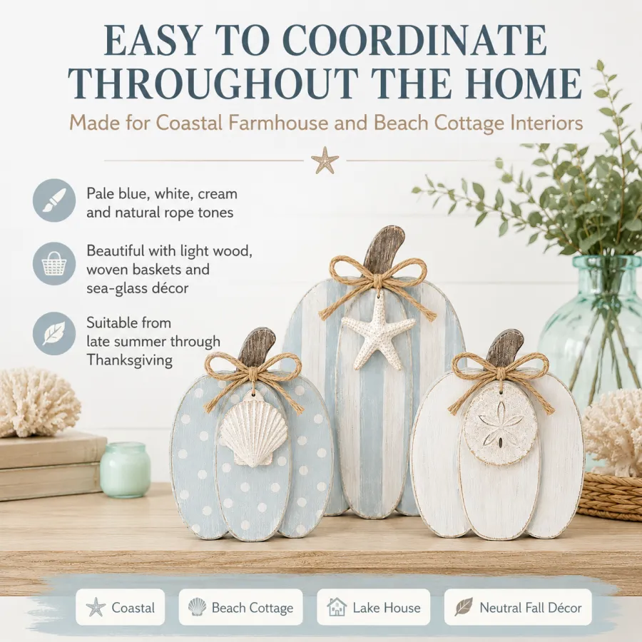 Coastal Wooden Pumpkin Tabletop Décor, Set of 3