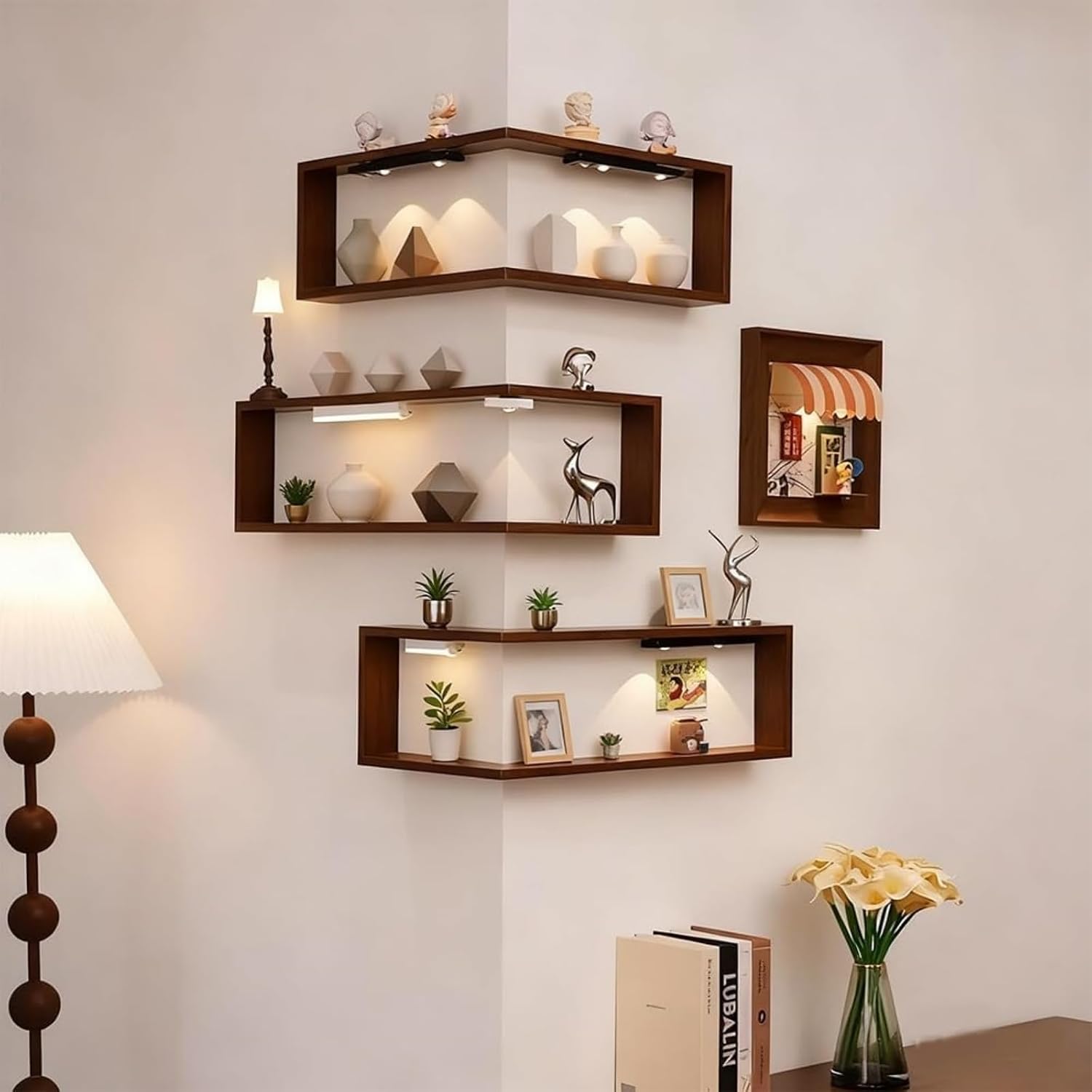  L-Shaped Corner Floating Wall Shelves with LED Lights