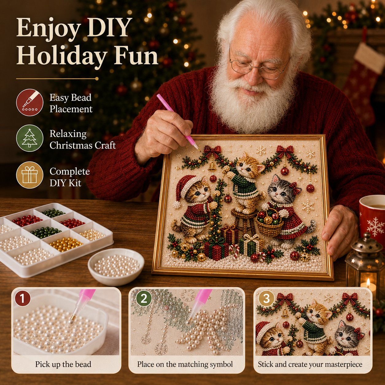 🎄🐾 Premium 3D Pearl Christmas Kitty Art Kit | Luxury Flocked Canvas with Scratch-Resistant Non-Fading Pearl Beads DIY Holiday Decor 🎅🐱❄️