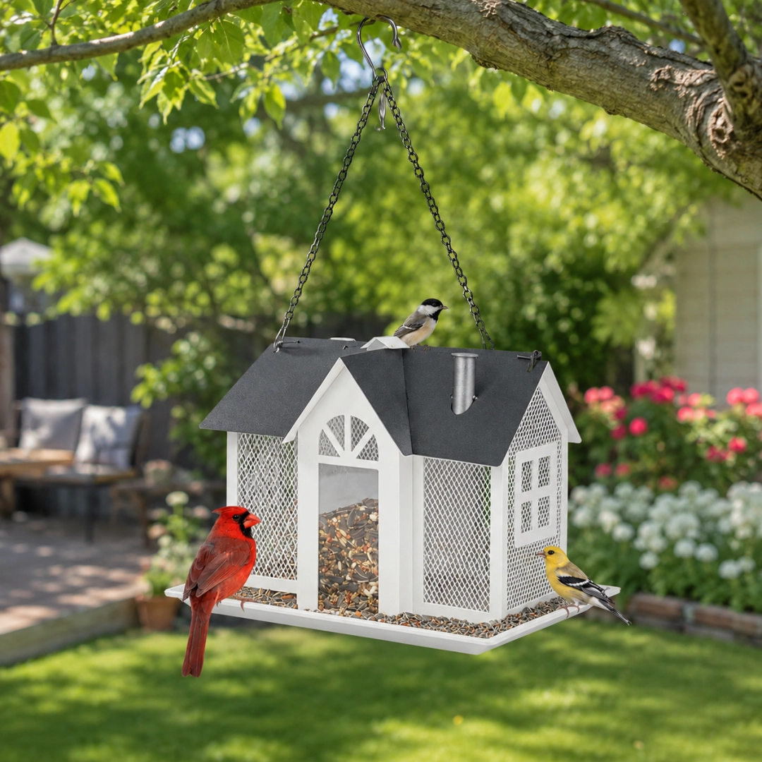 Hanging Metal Bird Feeder – House-Shaped Outdoor Seed Dispenser for Garden, Yard, or Balcony