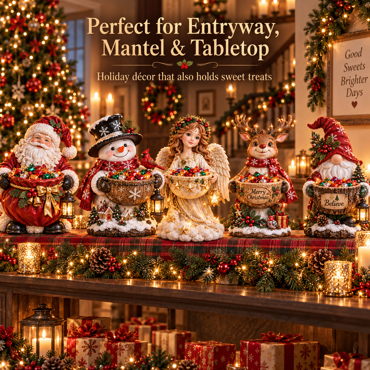 Christmas candy bowl collection on mantel entryway and tabletop