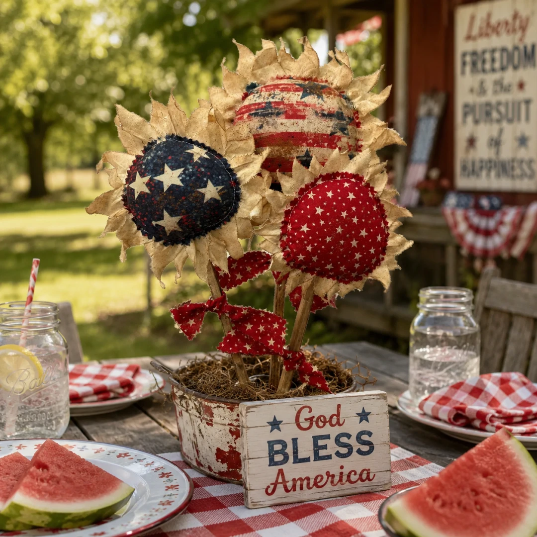 Primitive Americana Flower Picks Set of 3 – Rustic Patriotic Fabric Sunflower Decor