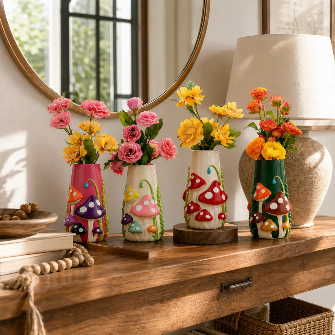 Mushroom Meadow Hand-Painted Vase Collection