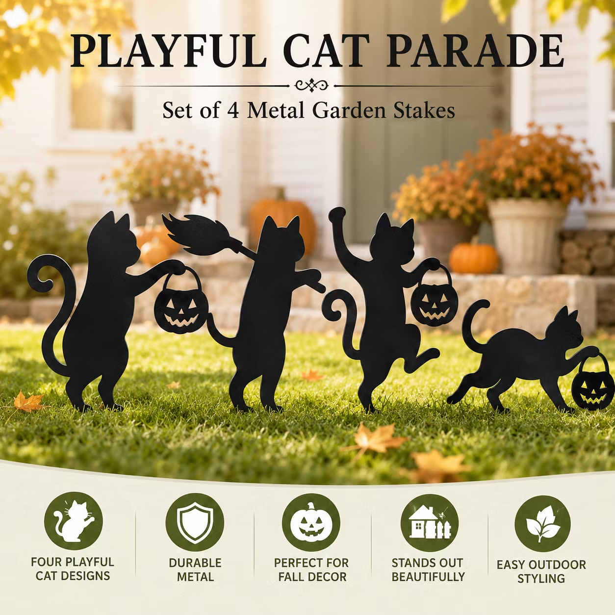Playful Metal Black Cat Garden Stakes, Set of 4