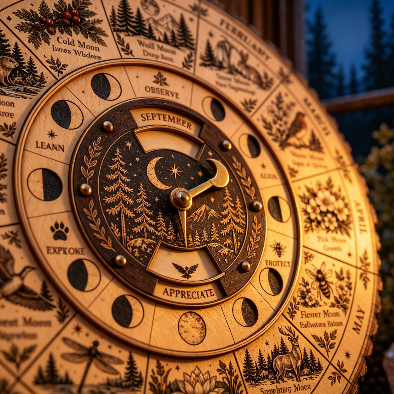 Close-up of engraved moon phase ring around the wooden moon wheel dial
