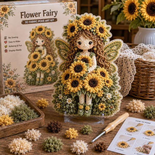 🔥 LAST DAY 49% OFF – 🌸🧚‍♀️ Flower Fairy 3D Fabric Poke Art Kit | No-Sew Fluffy Fabric Craft with Raised Floral Texture & Display-Ready Fairy Decor ✨