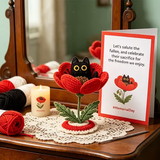 🔥LAST DAY 49% OFF - 🖤Unisex Memorial Day Poppy Cat Handcrafted Keepsake