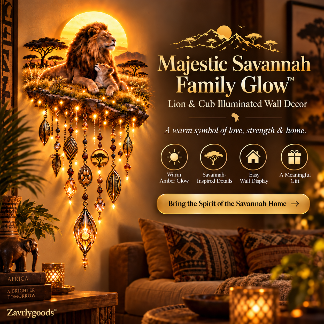Majestic Savannah Family Glow Lion and Cub illuminated wall decor