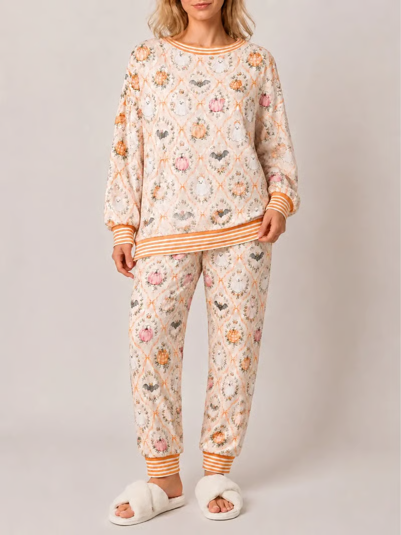 Women's Halloween Pajama Set – Cute Pumpkin Ghost Print Cozy Lounge Outfit For Spooky Season Nights