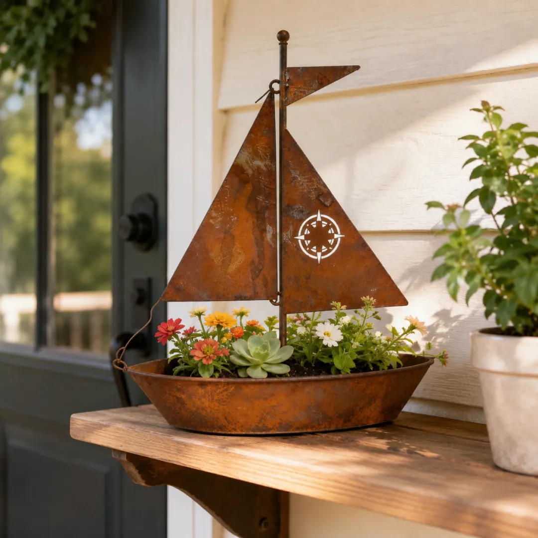 Rustic Sailboat Metal Planter