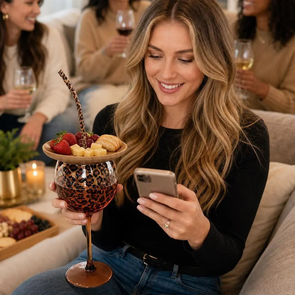 Woman holding leopard snack wine glass