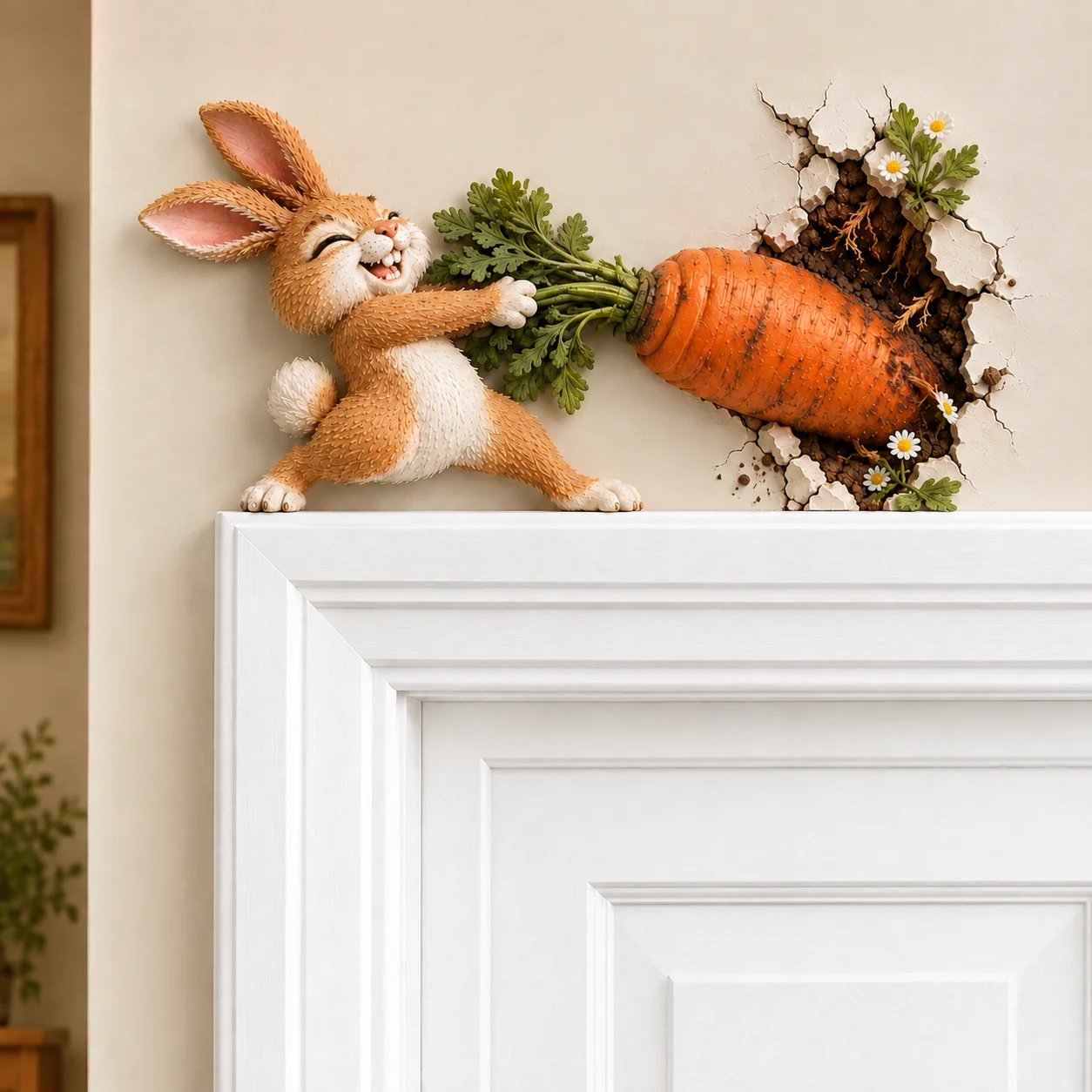 Funny bunny pulling a giant carrot through the wall decoration
