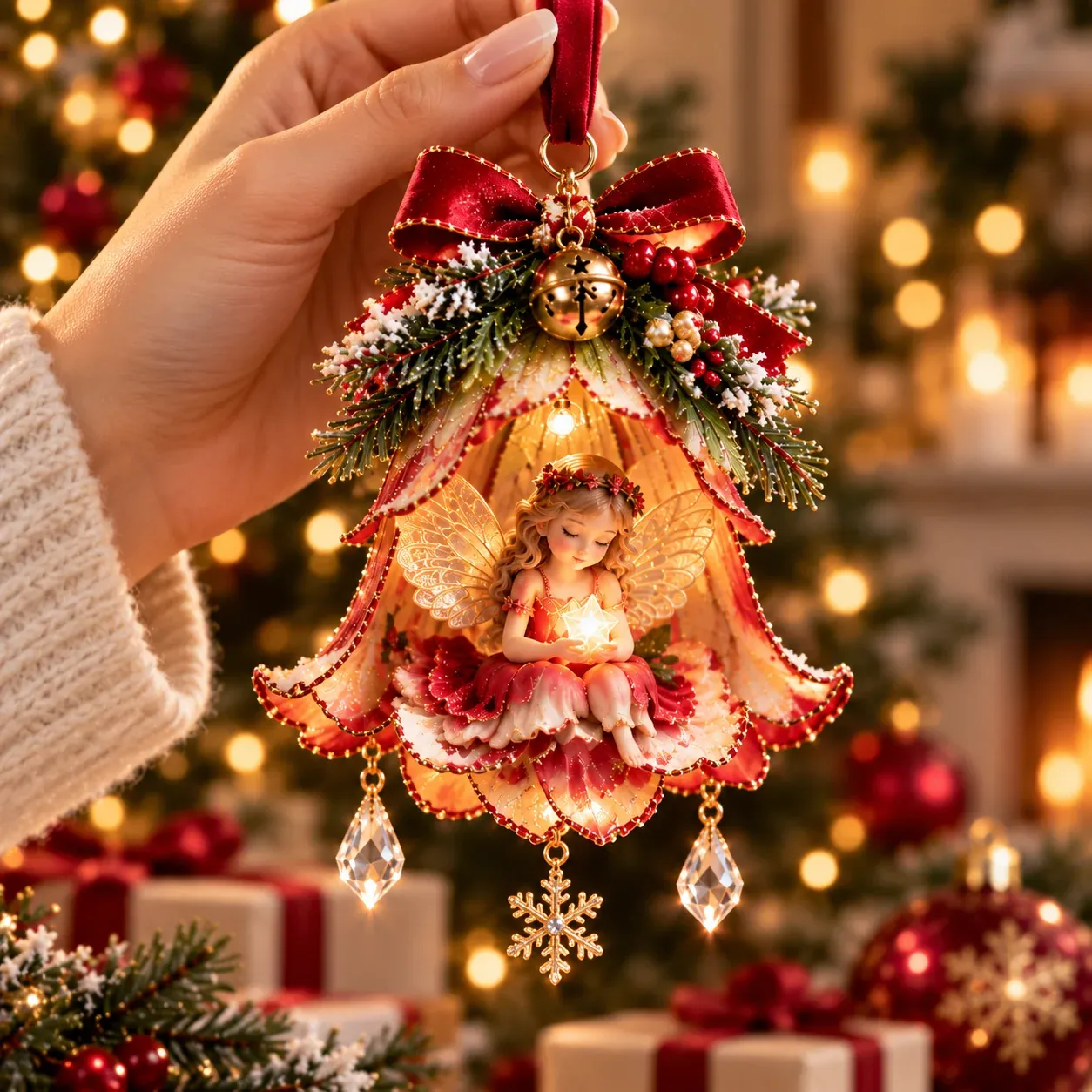 Enchanted Fairy Bell Ornament held in hand for visual scale