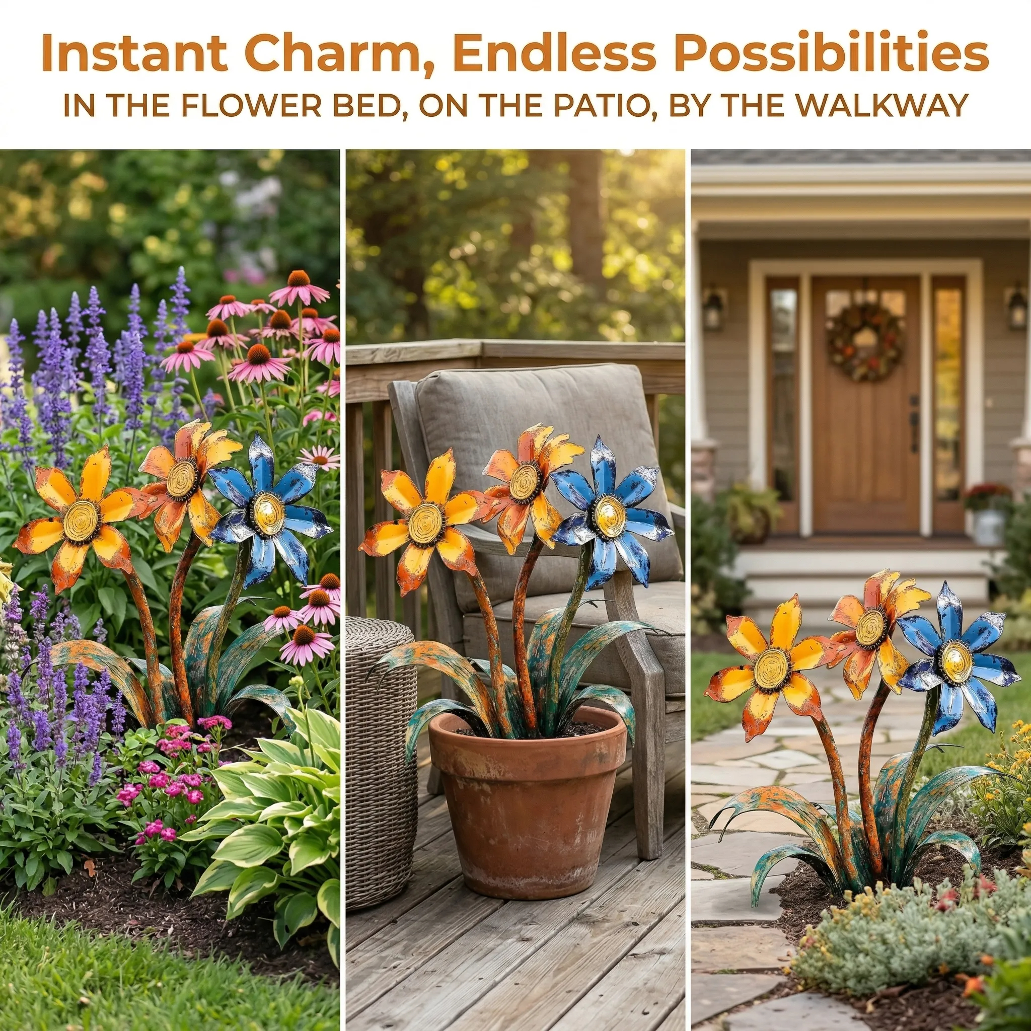 Handcrafted Rustic Metal Flower Garden Stakes