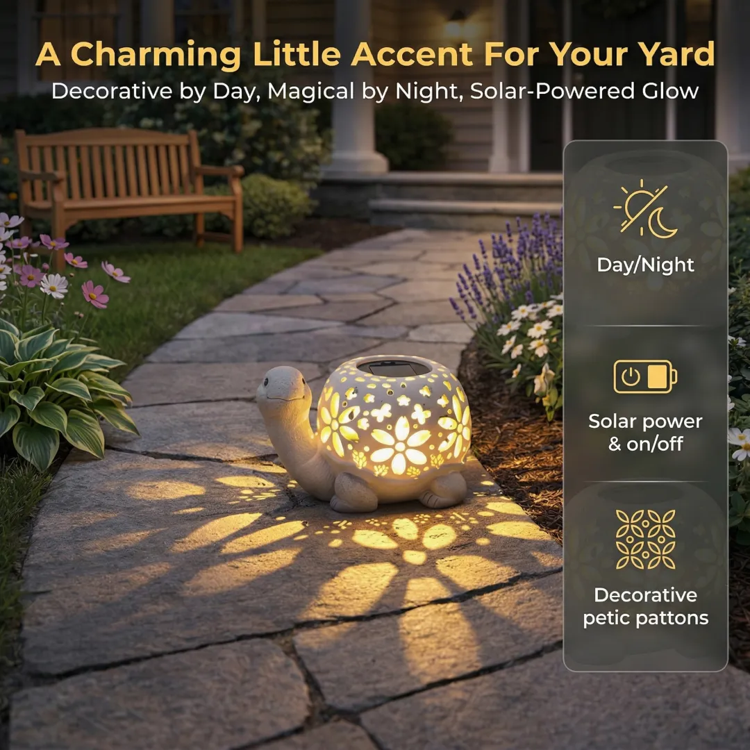 Turtle Glow Solar Garden Lantern With Floral Cutout Shell