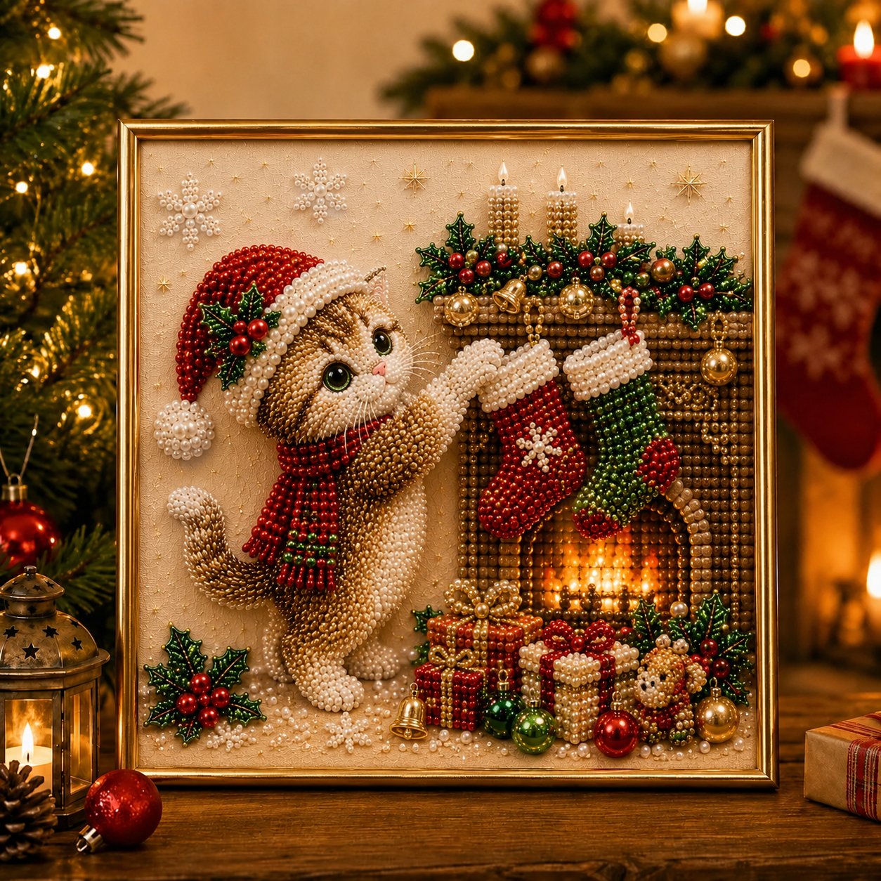 🎄🐾 Premium 3D Pearl Christmas Kitty Art Kit | Luxury Flocked Canvas with Scratch-Resistant Non-Fading Pearl Beads DIY Holiday Decor 🎅🐱❄️